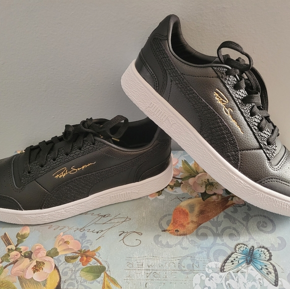 Black Leather Shock Wedge Pumas - Picture 2 of 6